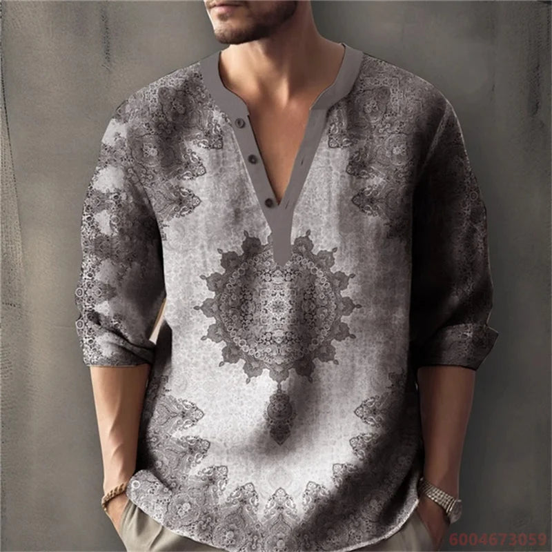 Men's Long-Sleeved Shirt with Retro Print, Stylish Design, Outdoor Casual Henley Collar, Loose Fit, Men's Vacation Top, XS-6XL.