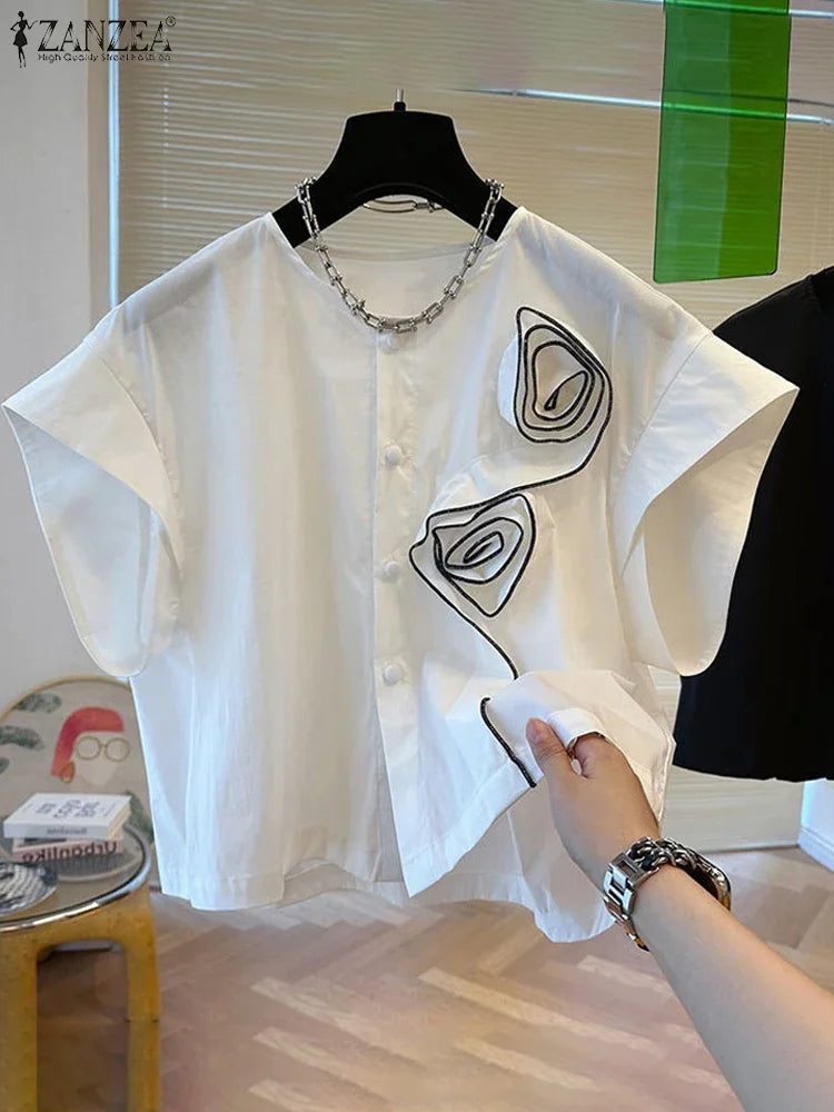 ZANZEA 2025 Summer Blouses Women Three-D Flowers Shirts Short Sleeve Blusas Chic Round Neck Shirts Casual Loose Colorblock Tops