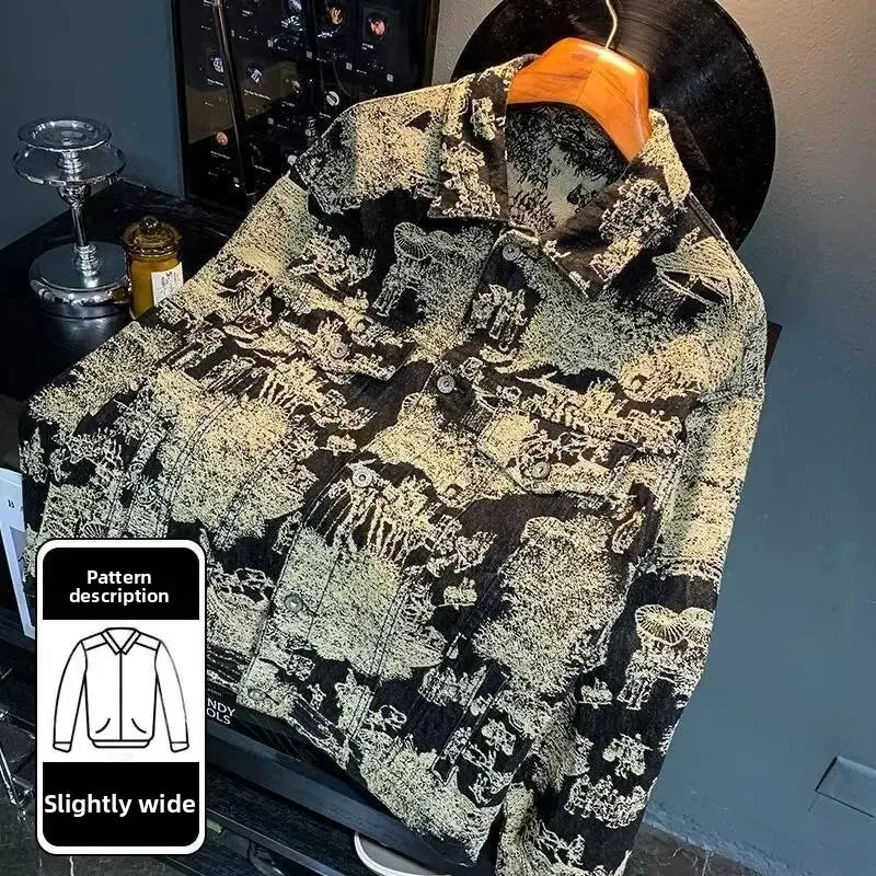 Retro Camouflage Loose Men's Jacket Long Sleeve Embroidered Denim Coat Fashionable Trendy Outerwear Comfortable Fit Male Coat