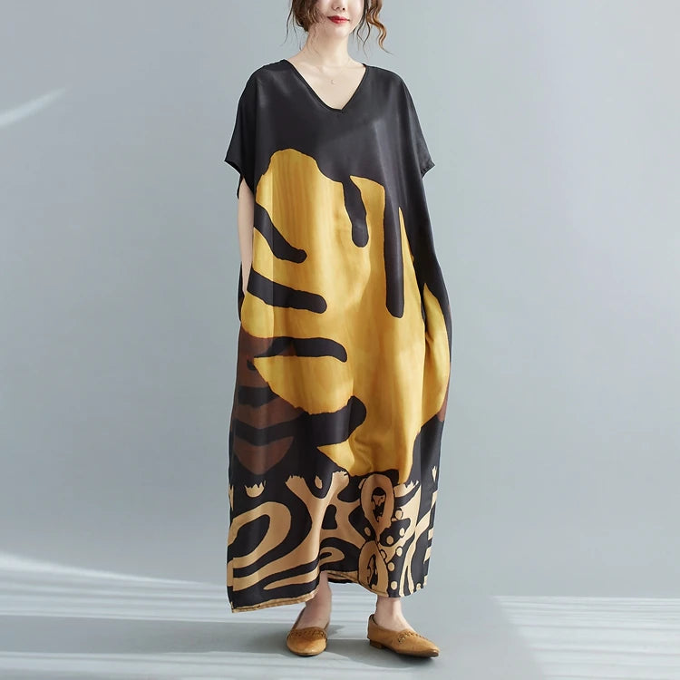 Faionable V-ne Printed Casual ort-sved Long Dr plus Size Women's New Sle  Ele Aosphere Korean Version