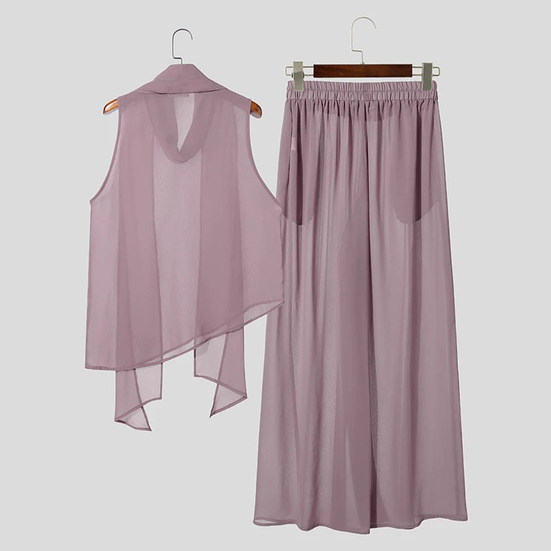 INCERUN Men's Sets Solid Chiffon See Through Sleeveless Irregular Tank Tops Pants Two Piece Sets Oversize 2026 Men Matching Sets