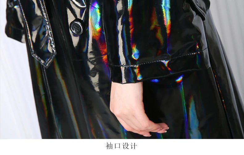 Nerazzurri Autumn Extra Long Black Holographic Shiny Reflective Stretchy Soft PVC Leather Trench Coat for Women European Fashion