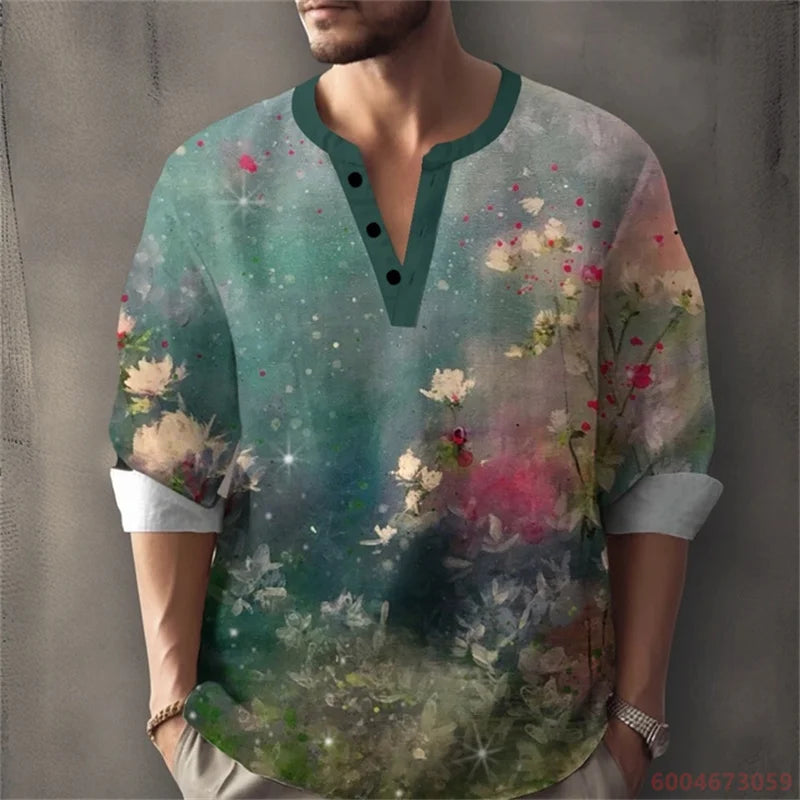 Men's Long-Sleeved Shirt with Retro Print, Stylish Design, Outdoor Casual Henley Collar, Loose Fit, Men's Vacation Top, XS-6XL.