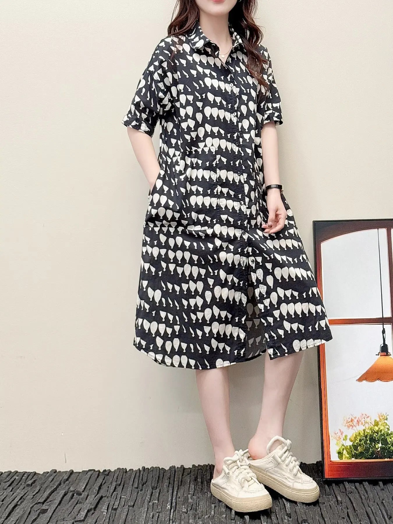 Summer dresses 2025 Japan harajuku fashion 100% cotton short sleeve green black white geometric pattern shirt dress