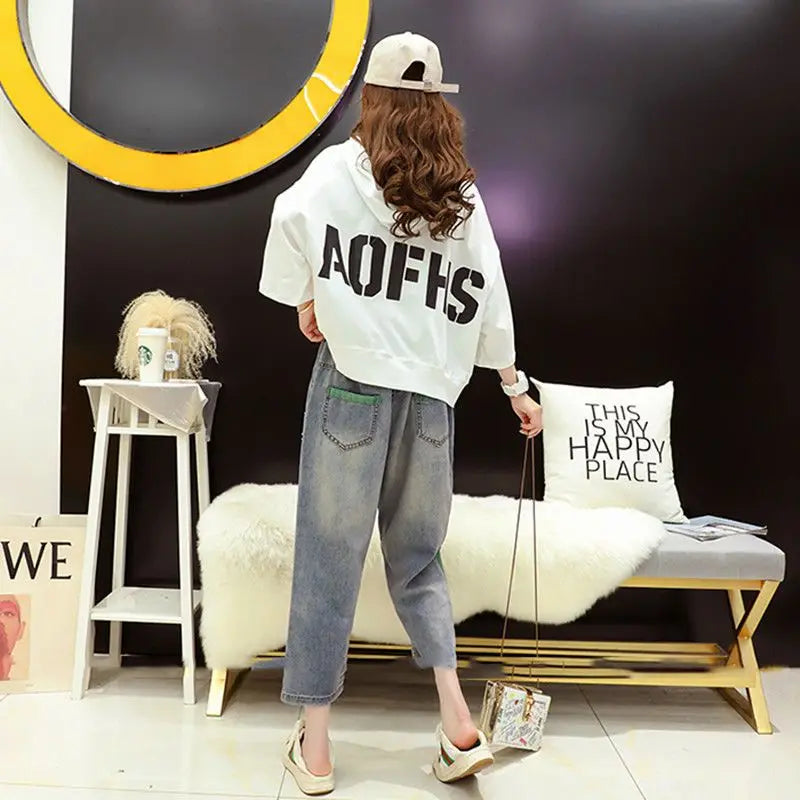 2023 Summer New Letter Printing Hoodies Women Round Neck Short Sleeve Drawstring Short Pullovers Ladies Korean Style Casual Top