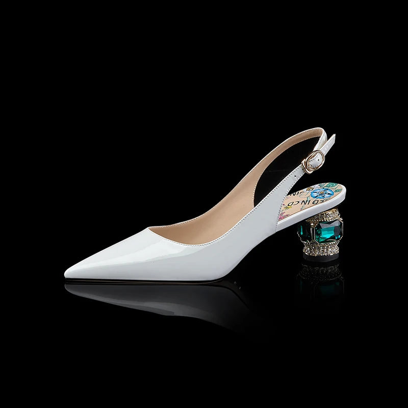 Dilalula 2025 Patent Cow Leather Crystal Heels Sandals Women Pointed Toe Office Ladies Party Dating Wedding Sandals Plus Size