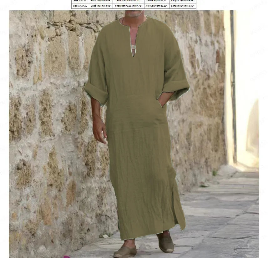 New 2026 Men Cotton Linen Long T-shirts Muslim Solid Casual Abayas Men Jubba Thobe Kaftan Arab Islamic V-neck Long Sleeve Robes