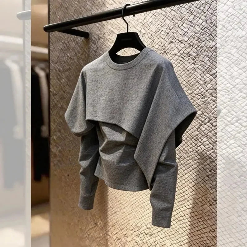 Limiguyue Spring Autumn Gray Pullover Shirts Women Daily Trendy Splice Long Sleeve Tops Loose Irregular Blouse Designer 180B