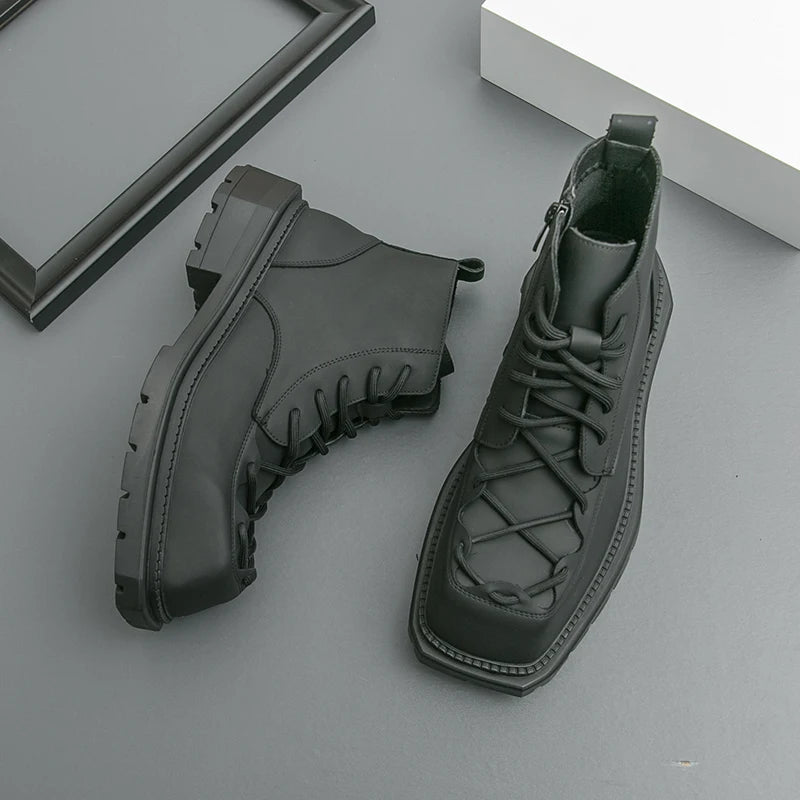 Autumn New Men Comfortable Lace Up Side Zipper High Top Leather Shoes Fashion Brand Round Toe Thick Soled Non Slip Outdoor Boots