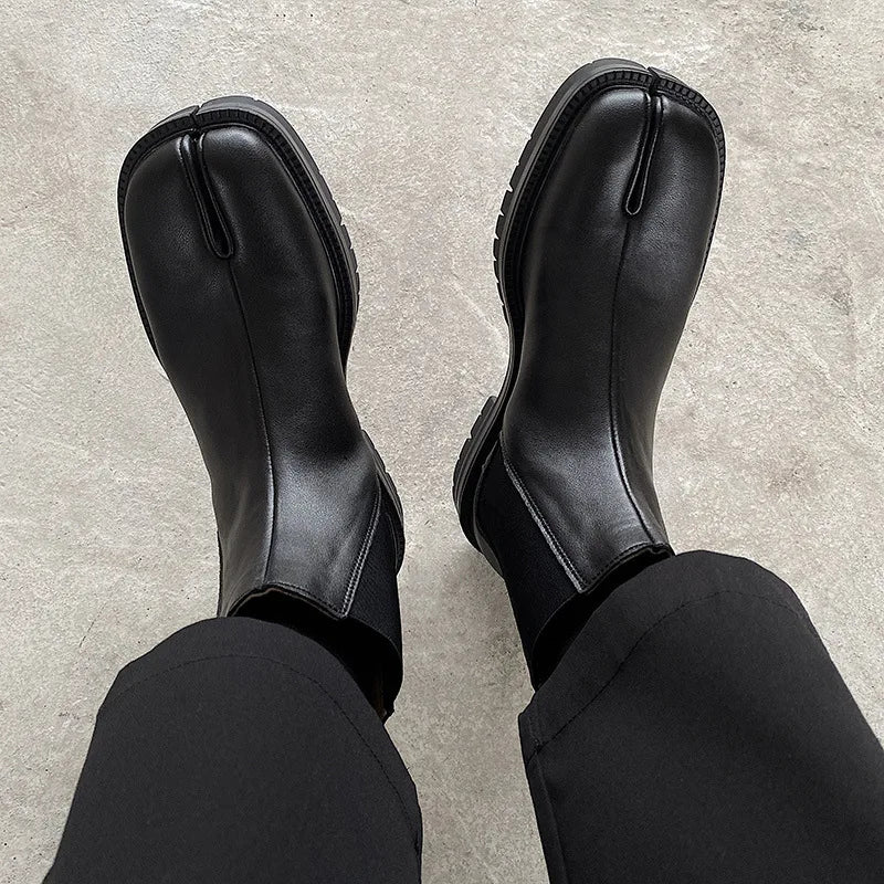 Genuine leather Split-toed Boots Mid-tube Chelsea Boots Men's and Women's Couples High-top Set of Split-toed Leather Shoes