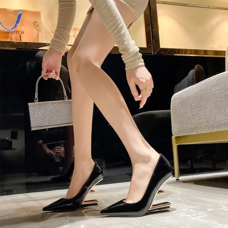 New Women Pumps 2026 Pointed Toe High Heels Ladies Letter Strange Heel Wedges Runway Party Wedding Dress Valentine Shoes