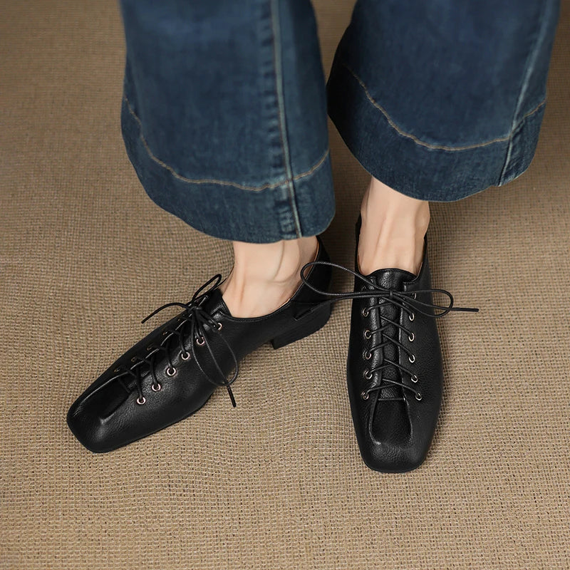 Soft Pumps Women Square Toe Lace Up Young Lady Casual Pumps For Students Low leather heels Heels Shoes
