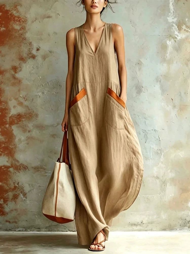 Women Boho Sleeveless Maxi Dress Deep V Neck Flowy Long Tank Dress Summer Casual A-line Loose Color Blocking Pockets Dresses