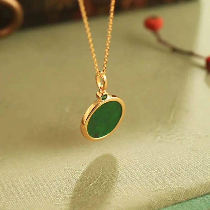 Natural green chalcedony circular pendant fresh minimalist nInlaid Chinese style classic peace and happiness necklace jewelry