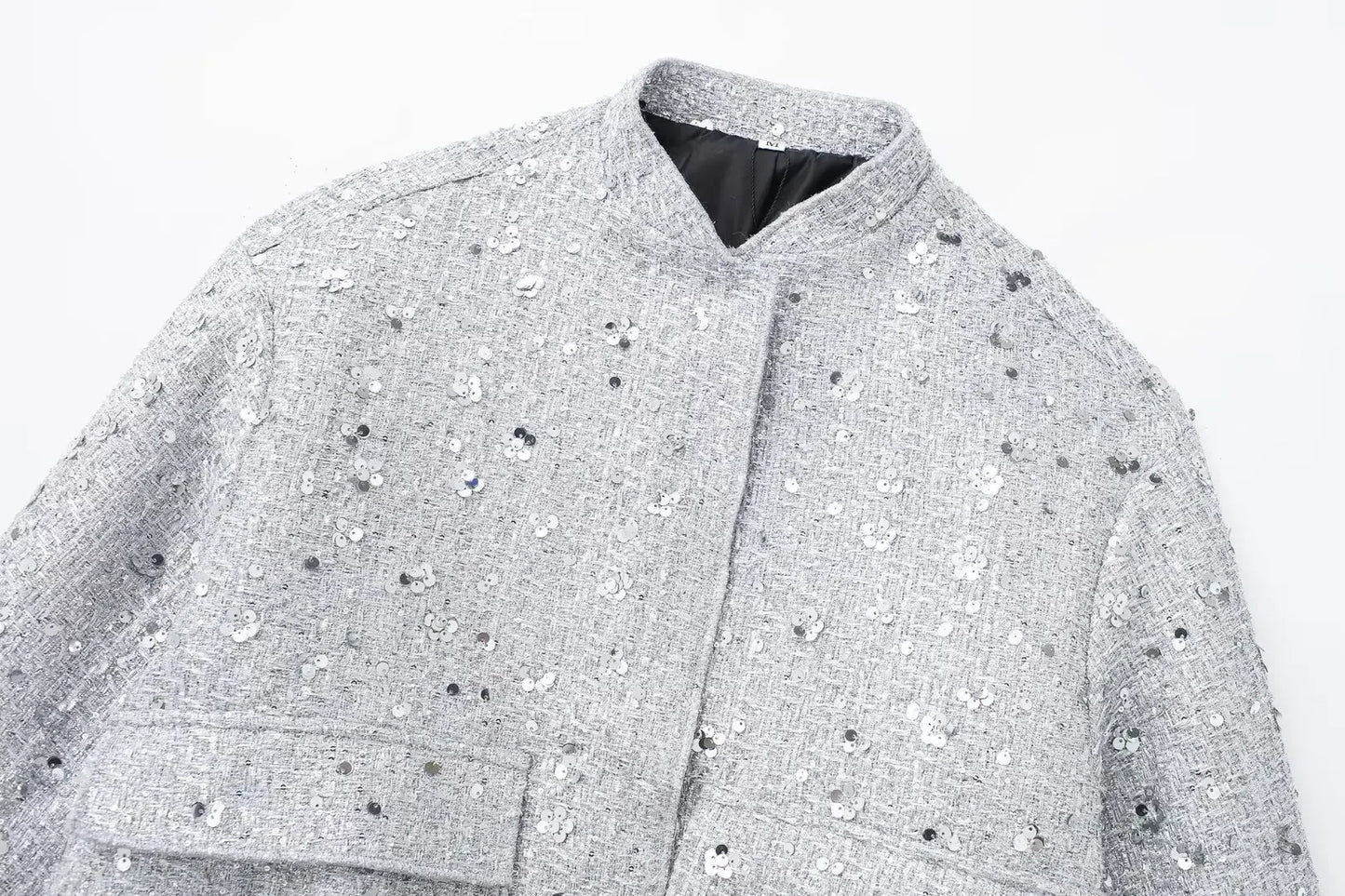 Women's Sequined Bomber Jacket Fall New Round Neck Long Sleeve Pocket Stretch Hem Sequins Jacket Coat Female Chic Outerwear