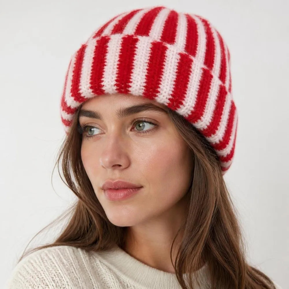 New Striped Knitted Beanie Cap Windproof Flanged Design Knitted Hat Pullover Outdoor Cycling Cold Proof Warm Hat Autumn Winter