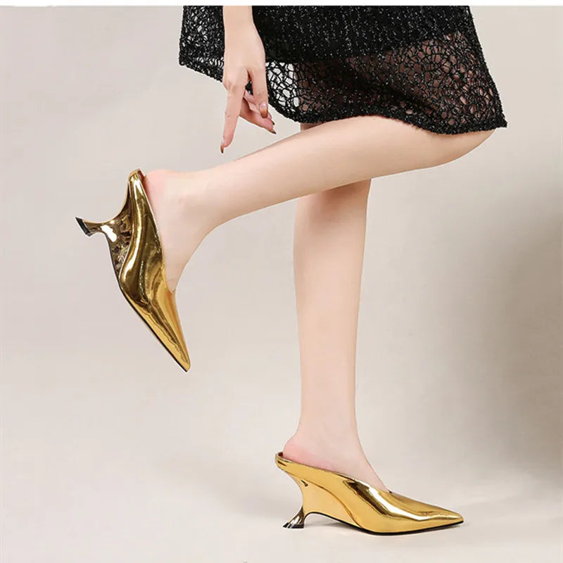 2024 New Design Fashion  Platform Wedges High Heels Mule Women Slippers Concise Shallow Pointed Toe Party Dress Ladies Shoes