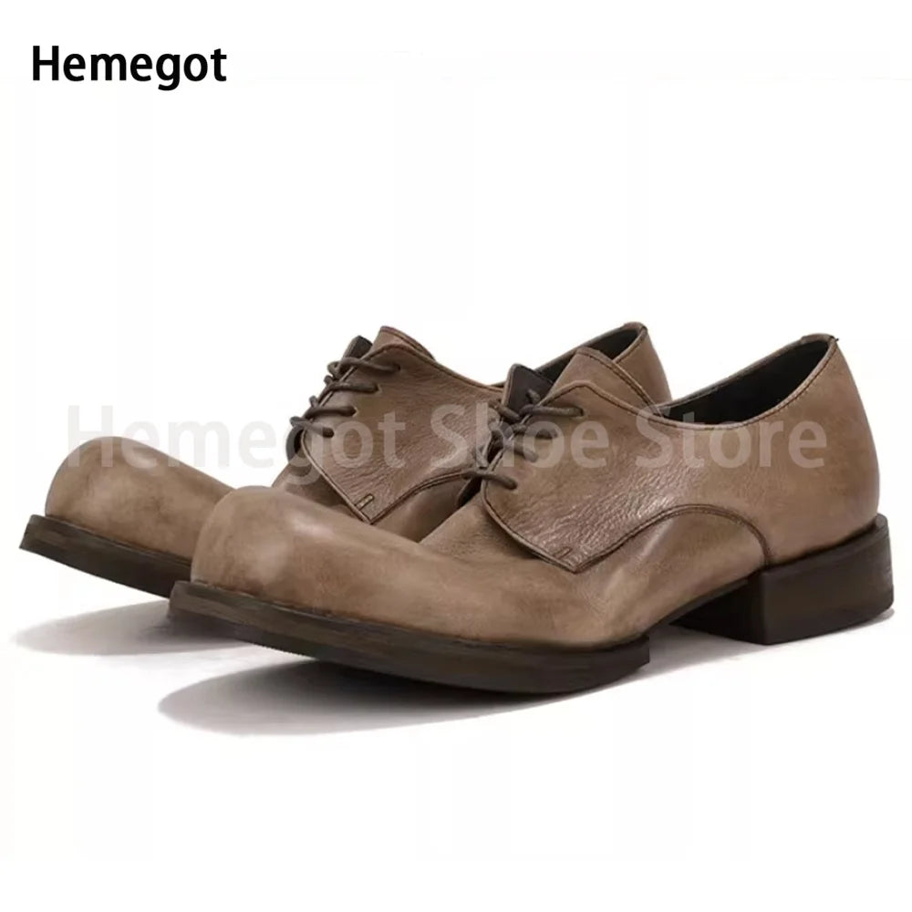Big Round Toe Casual Shoes Low Cut Breathable Leather Shoes for Men Wear-Resistant Breathable Solid Color Handmade Men's Shoes