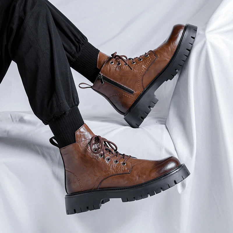 New Fashion Lace Up Casual Mens Boots Mens Thick Sole Ankle Boots Trendy Comfortable Mens Classic Black/Brown Motorcycle Boots