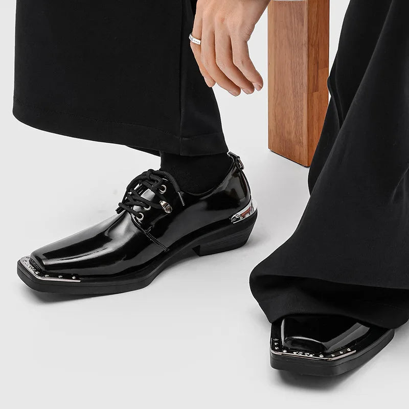 Metal Square Toe Derby Shoes Fashionable Thick Soled Lace Up Design Upturned Toe Thick Heel Trendy Men's Casual Leather Shoes