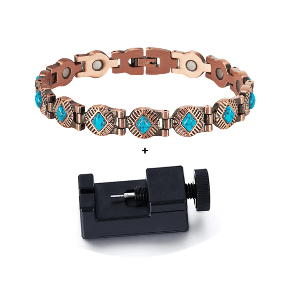 Vinterly Magnetic Bracelets Pure Copper Blue Brown Stone 22.5cm Vintage Health Energy High Magnet Jewelry Benefits Chain Links