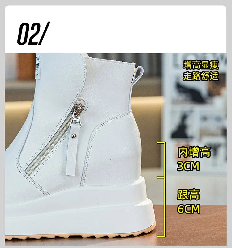 9cm White Black Women Ankle Boots Platform Wedge Heel Booties Shoes Microfiber Leather Spring Winter Fashion Sneakers High Top