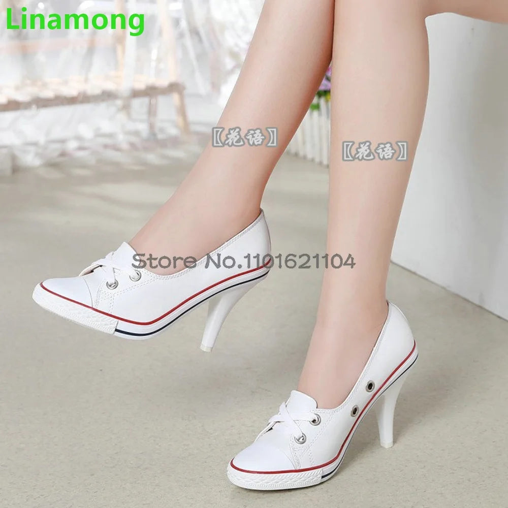 Round Toe Thin High Heel Leisure Pumps For Female Women 2024 Spring New Lace-up Shallow Handamde Mixed Colors Heightened Shoes