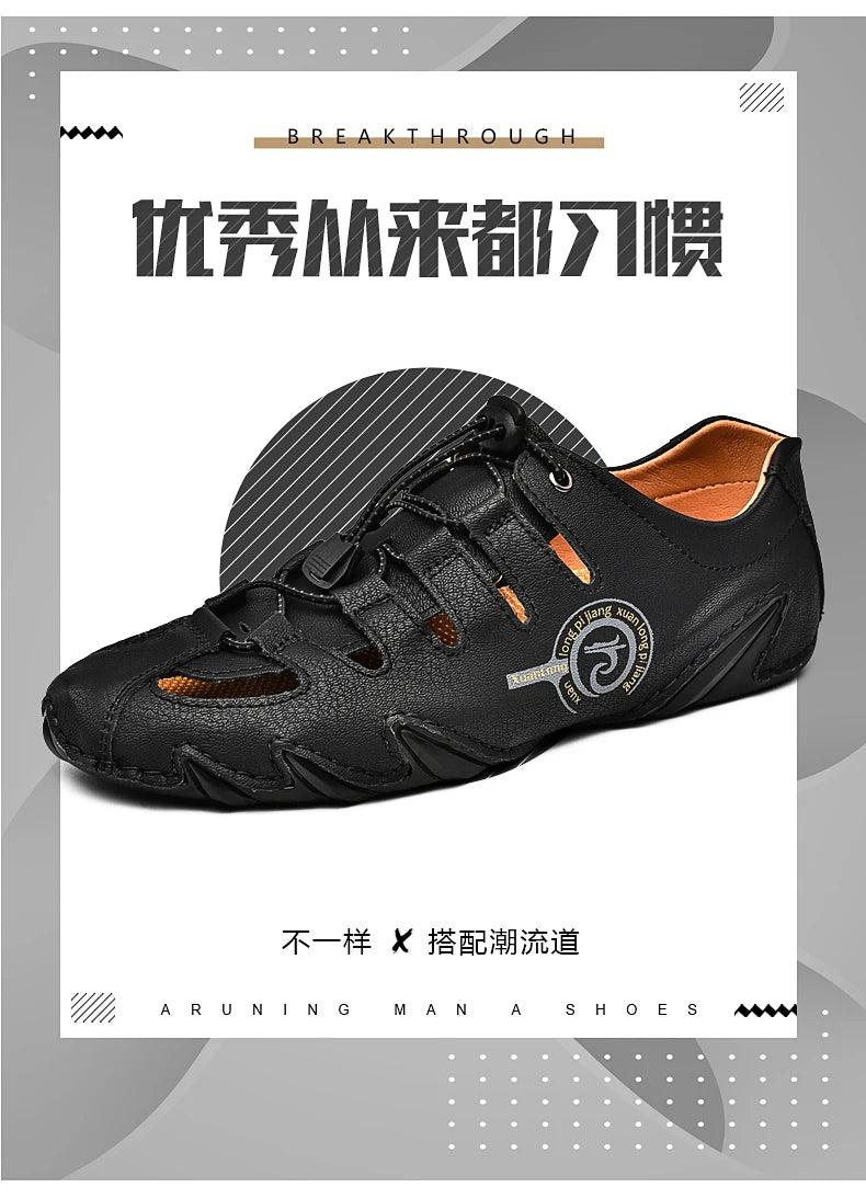 Men's slippers flat bottomed beach breathable genuine leather business casual non slip lightweight hollow out outdoors sandals