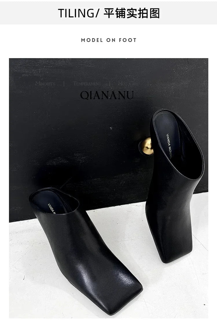 Retro Square Headed Wine Glasses and Slippers for Women in Summer 2025, New Style for Wearing Half Drag High Heels for Women