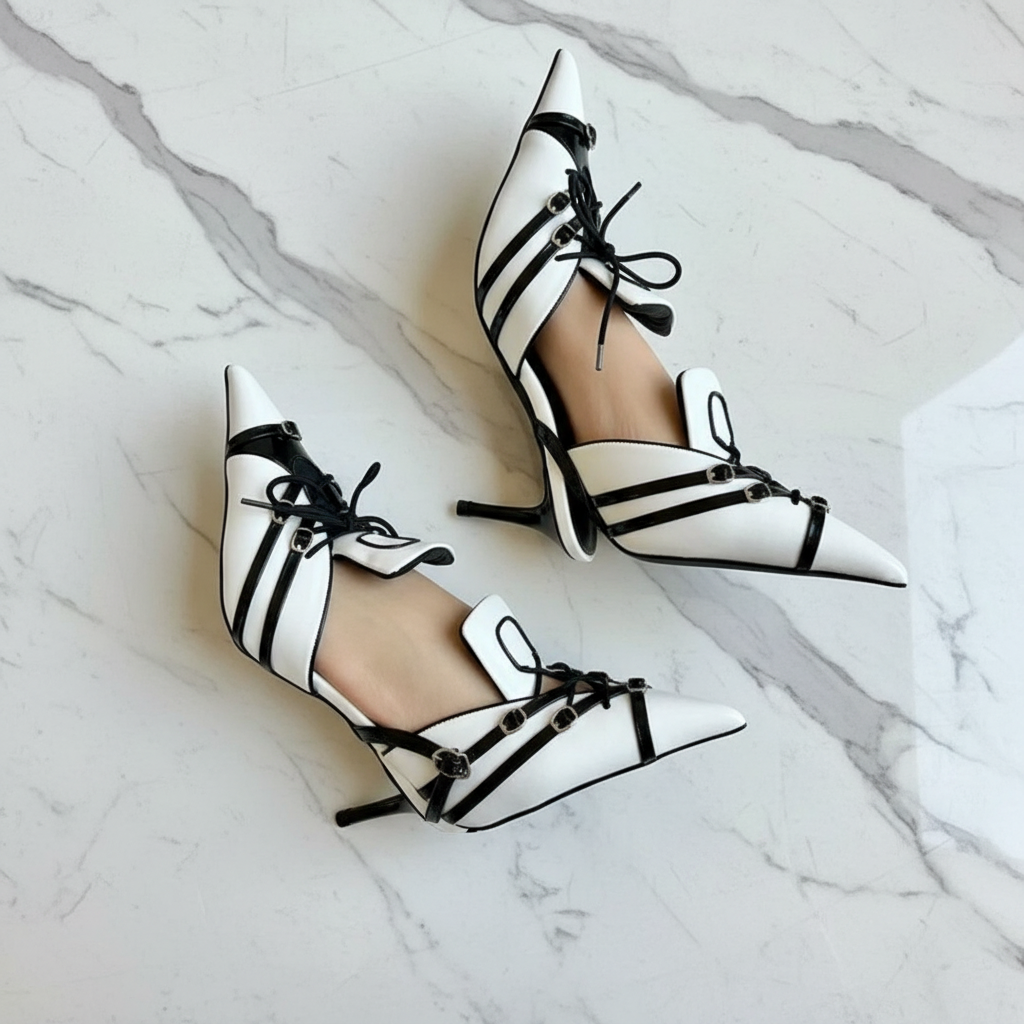 Red White Lace-Up Slingback Pumps Pointed Toe Thin Heel Buckle Women's Sandals 2024 Patchwork Mixed Color Party Shoes Luxury