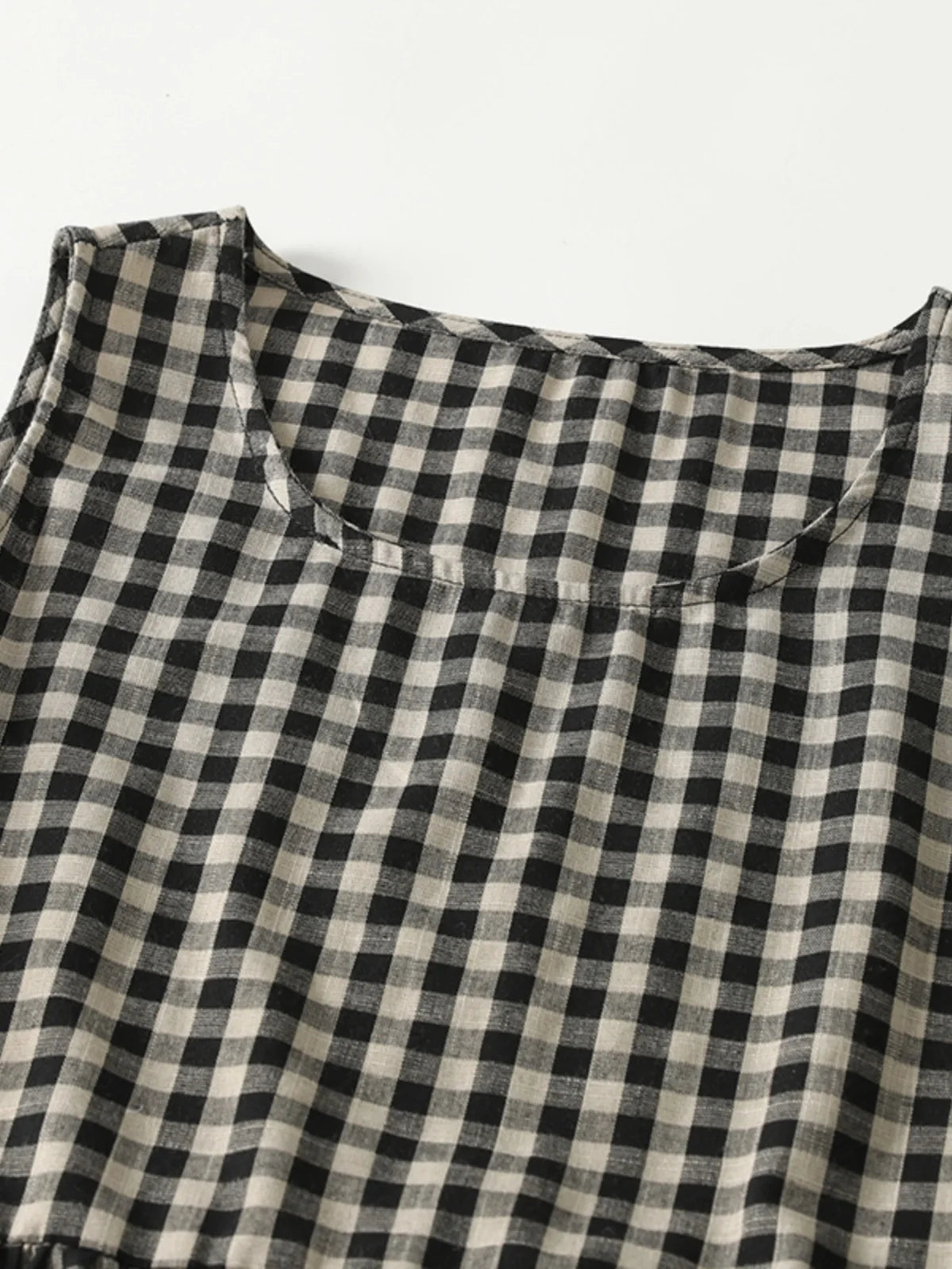 Retro Japanese Sle Linen Plaid Vest Dr Women Summer Loose Cotton Linen Svel Midi Dr A-Line Skirt round Ne