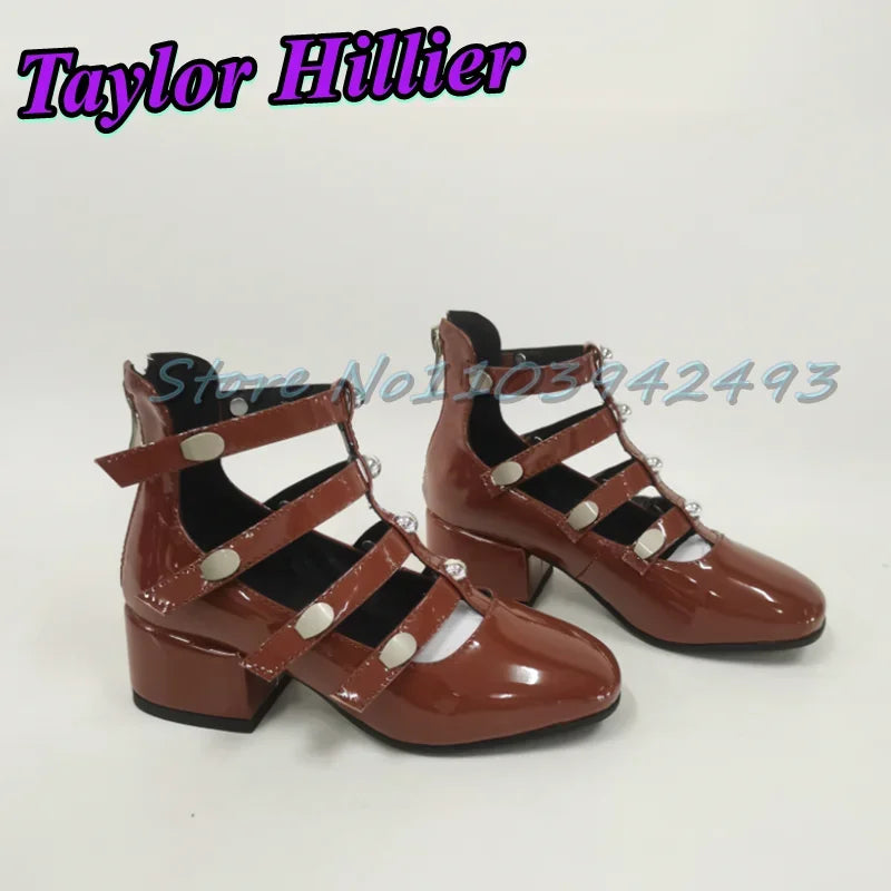 Gladiator Green Heeled Sandals Rivets Women Designer Luxury Shoes Patent Leather Solid Sandalias De Mujer Roman Strappy Palace