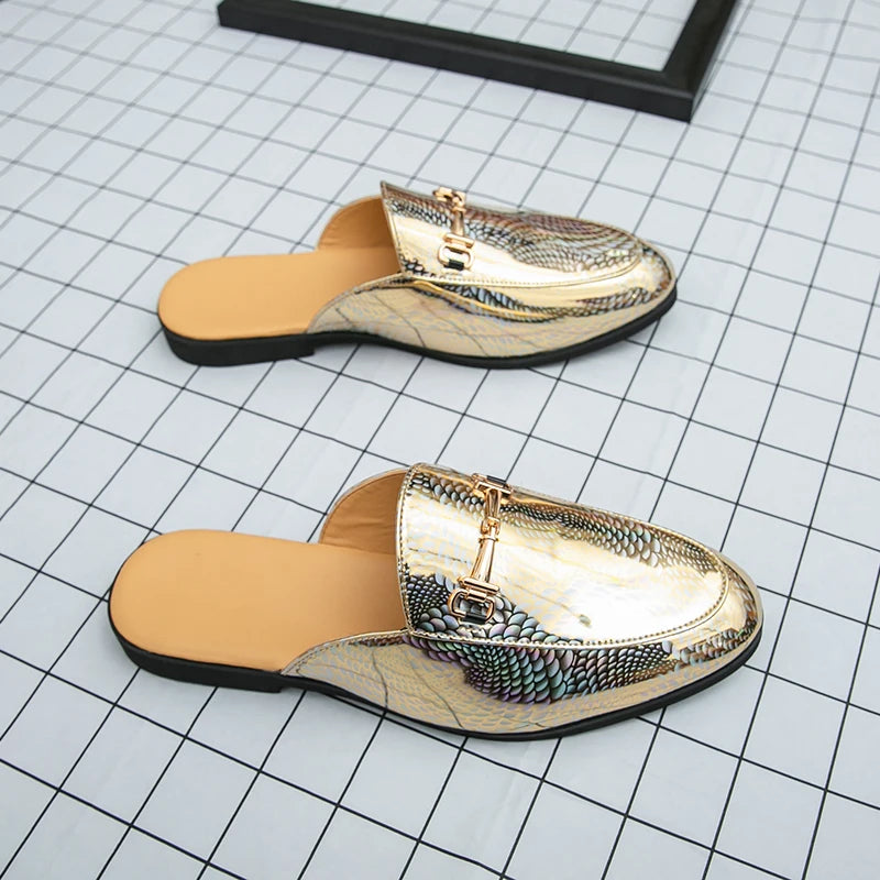 Fashion Brand Men's Cool Snake Skin Pattern Comfortable Half Back Leather Shoe Summer Men Breathable Bottom Casual Leather Shoes