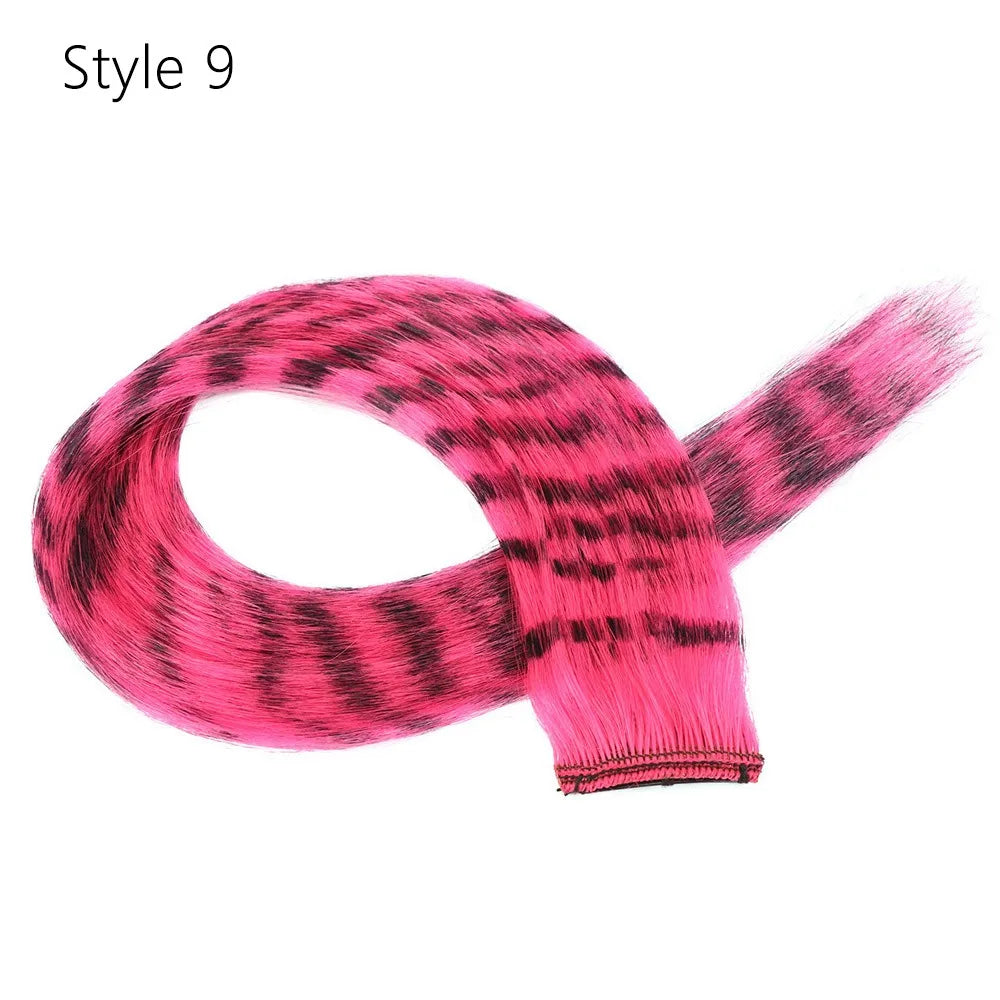 Stripe Printed Clip in Hair Extensions Synthetic Straight Hair Highlights Colorful 18 Inches Wig Hairpieces for Daily Use Party
