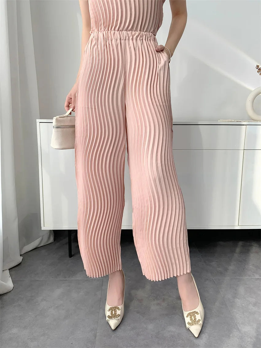 Miyake Pleated Women's Casual Solid Color Round Neck Short-sleeved Loose Versatile T-shirt Tops Fashionable Pullover Shirt