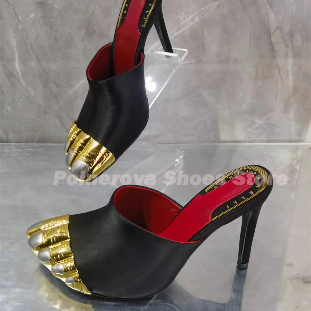 Gold Brass Toes Mules Women Slippers Stiletto Ankle Straps Summer Suede Ladies Summer Stiletto High Heels Luxury Brand Sandals