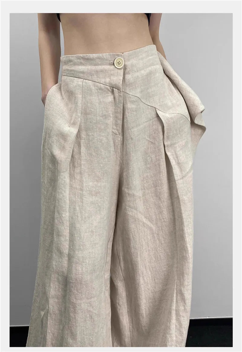 Limiguyue Japanese Cotton Linen Wide Leg Pants Women Irregular Waist Summer Pants One Button Loose Pleated Full Trousers F157