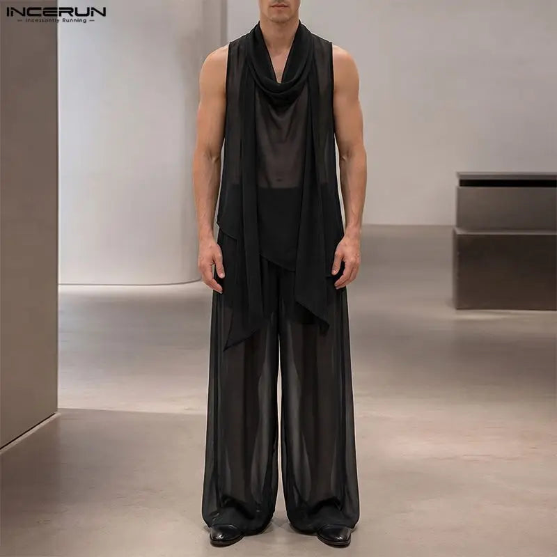 INCERUN Men's Sets Solid Chiffon See Through Sleeveless Irregular Tank Tops Pants Two Piece Sets Oversize 2026 Men Matching Sets