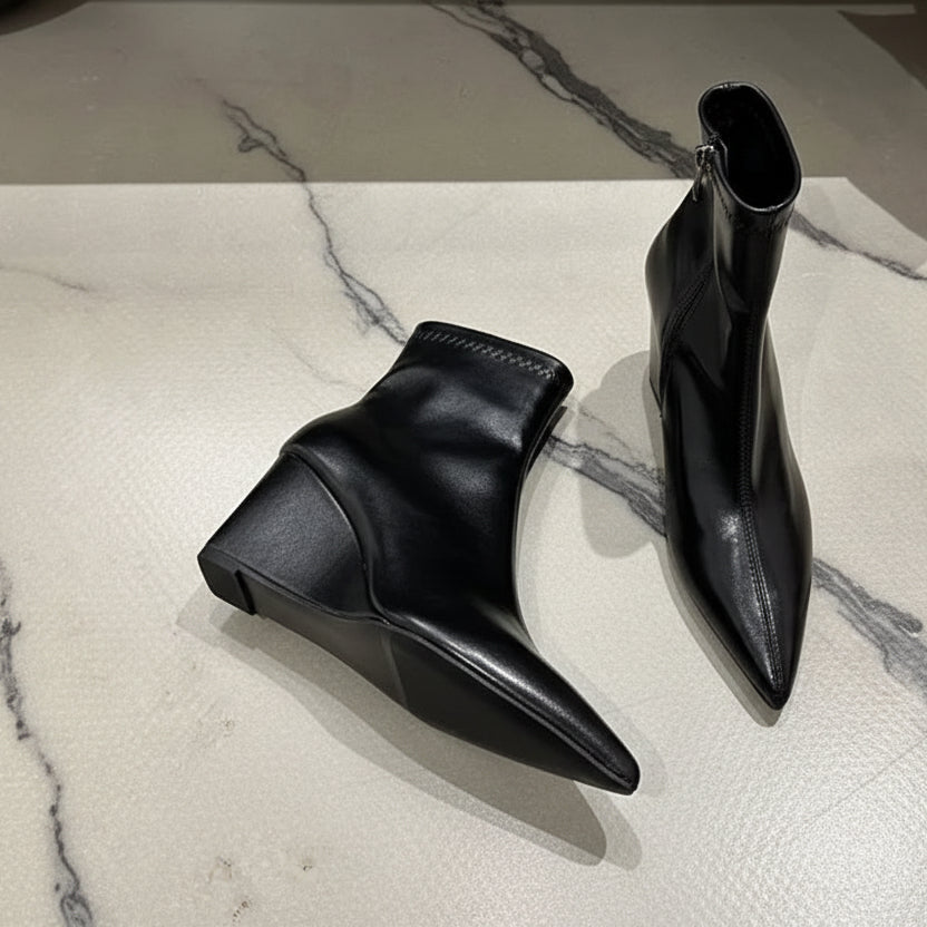 Autumn Winter Vintage Patent Leather Wedges Women Ankle Boots Fashion Pointed toe High heels Female Chelsea Short Boots Shoes