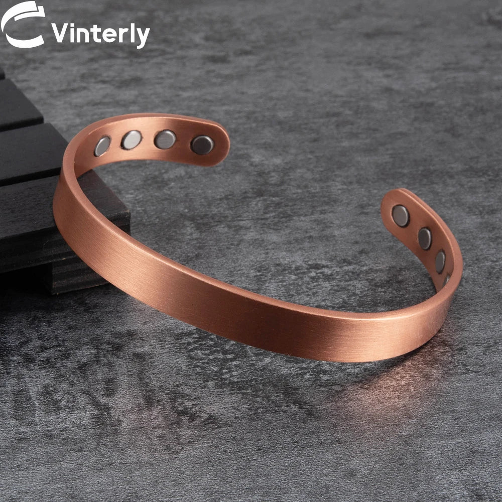 Vinterly Matte Pure Copper Bracelets Men Magnetic Arthritis Adjustable 10mm Wide Open Cuff High Magnet Energy Bangles Resizable