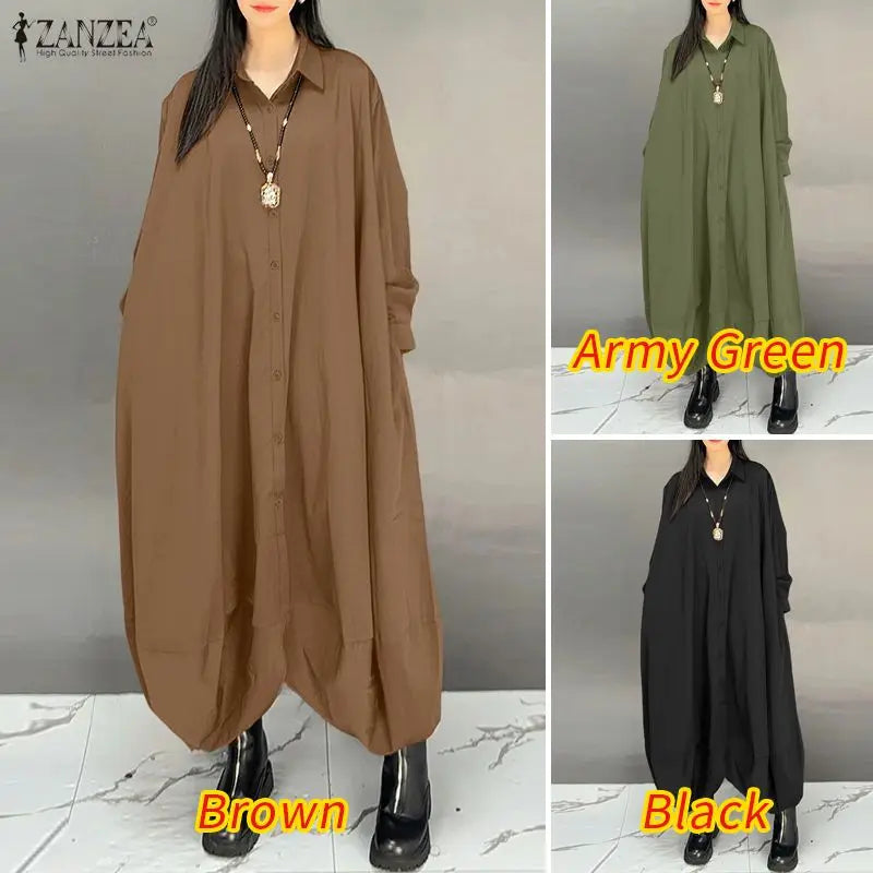 ZANZEA Women's Oversized Jumpsuits Turn-Down Collar Long Sleeves Button Up Drop-Crotch Pant Overalls Casual Streetwear Playsuits