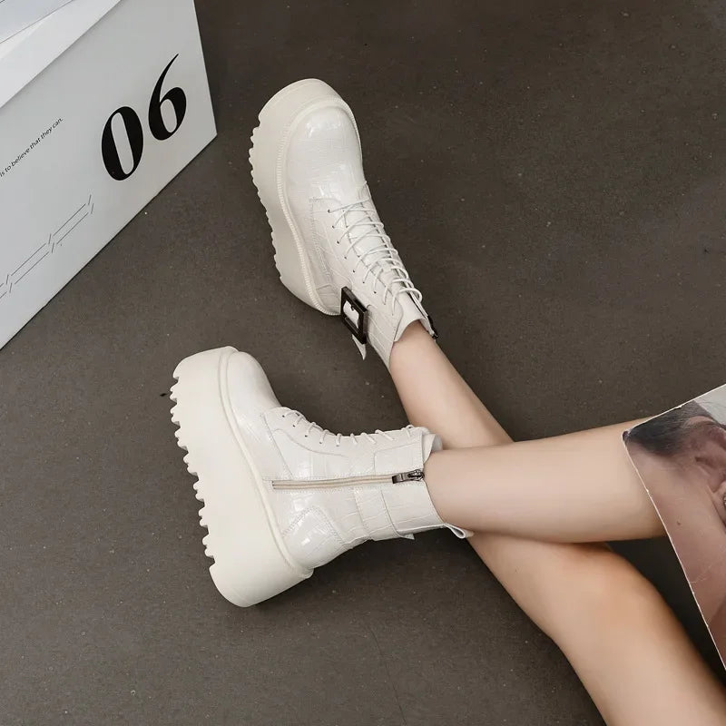 Fujin 8cm New Women Combat Boots Ankle Booties Platform Sneakers Spring Autumn Warm Fur Winter Genuine Leather Women Shoes Boot