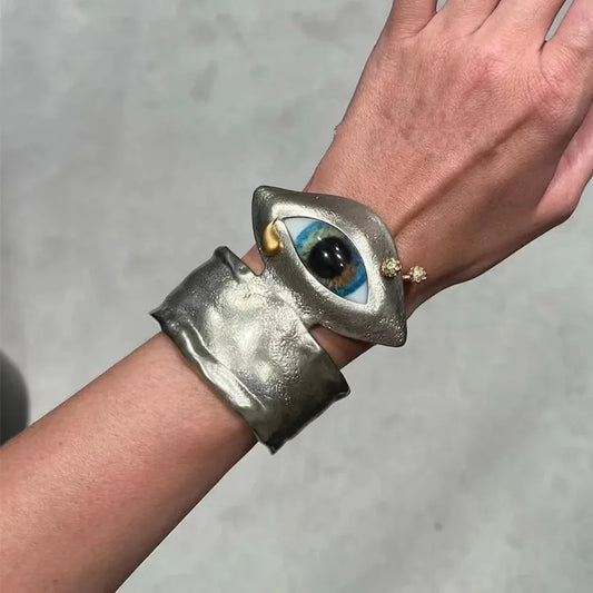 Vintage Ethnic Alloy Metal Blue Eyes Cuff Bracelet For Women Fashion Jewelry Exaggerated Hand Open Bangles Accessories
