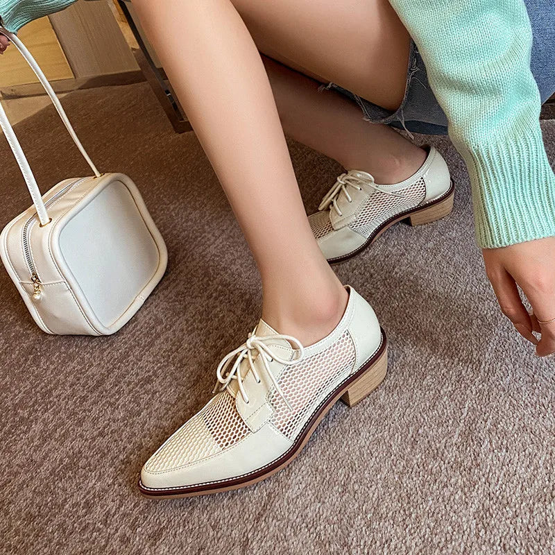 Spring Summer Genuine Leather Mesh Pumps Women Pointed Toe Lace Up Med Thick Heels Breathable Office Ladies Shoes 2025