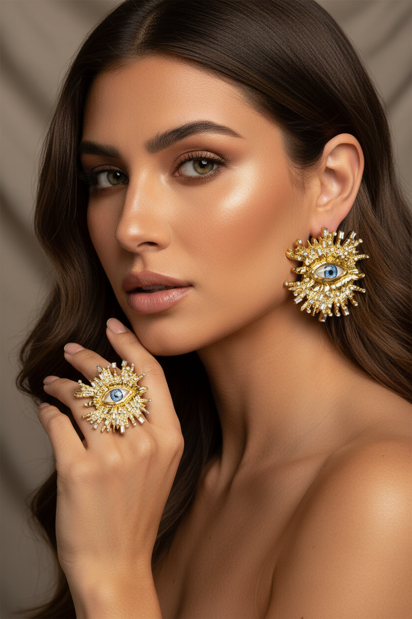 Baroque Style Metal Golden Plated Eyes Tassel Dangle Earrings Ring Brooch For Women Fashion Jewelry Exaggerated Accessories