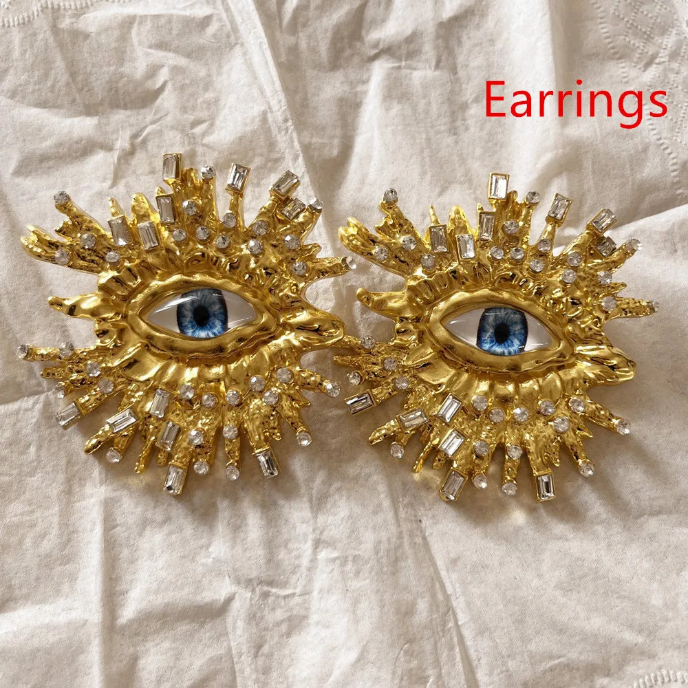 Baroque Style Metal Golden Plated Eyes Tassel Dangle Earrings Ring Brooch For Women Fashion Jewelry Exaggerated Accessories