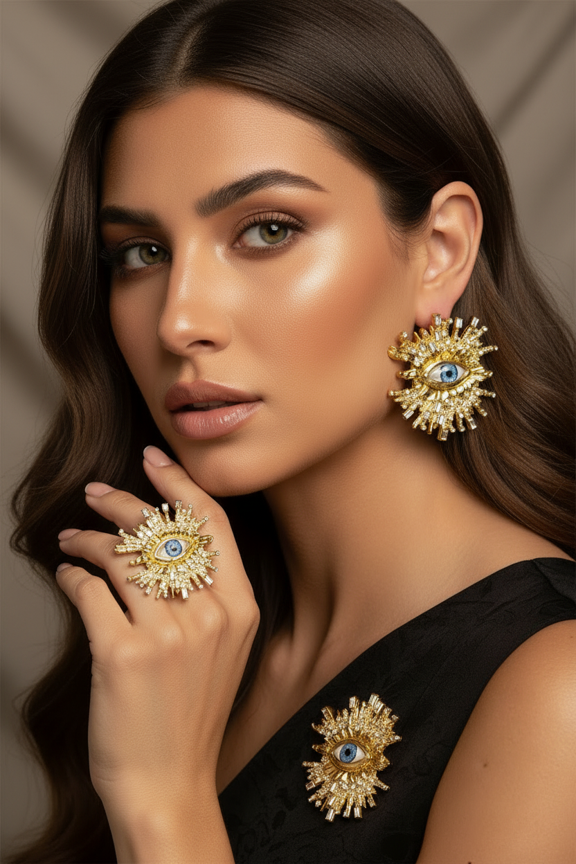 Baroque Style Metal Golden Plated Eyes Tassel Dangle Earrings Ring Brooch For Women Fashion Jewelry Exaggerated Accessories