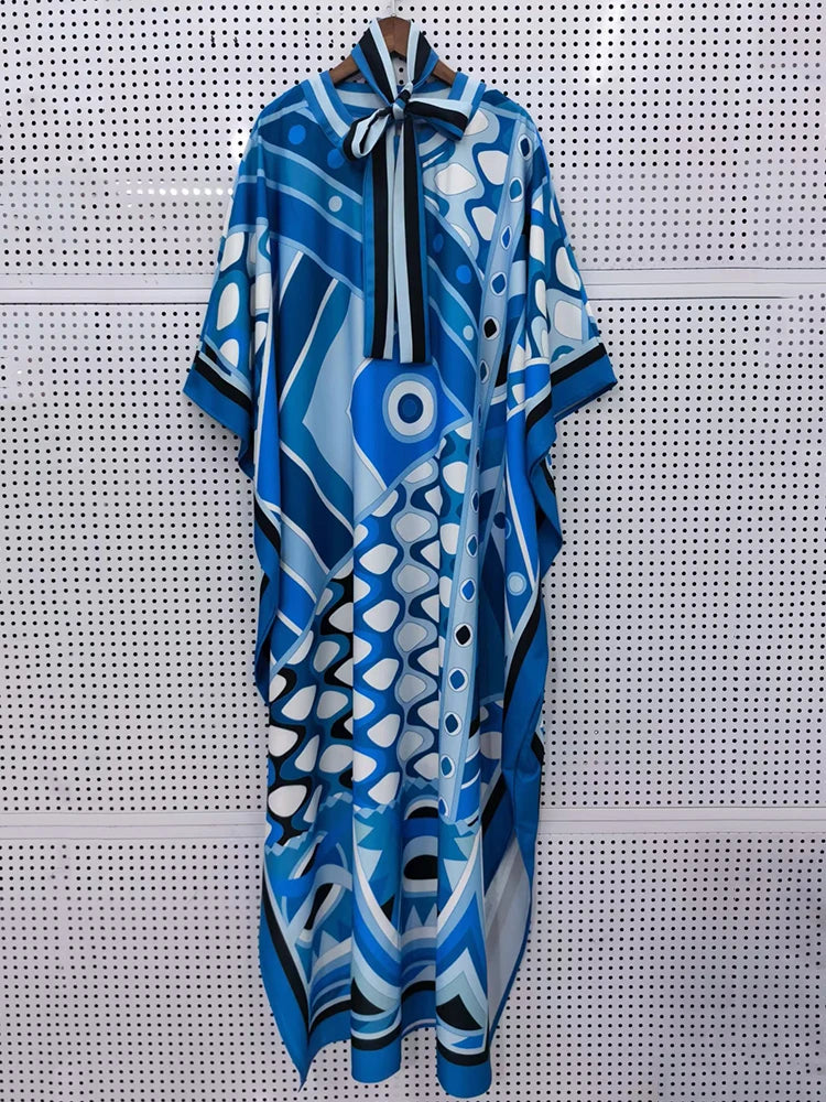 Retro geometric print lace up waist cinched round neck pullover dress 2026 summer women's wide and relaxed slit puffy skirt