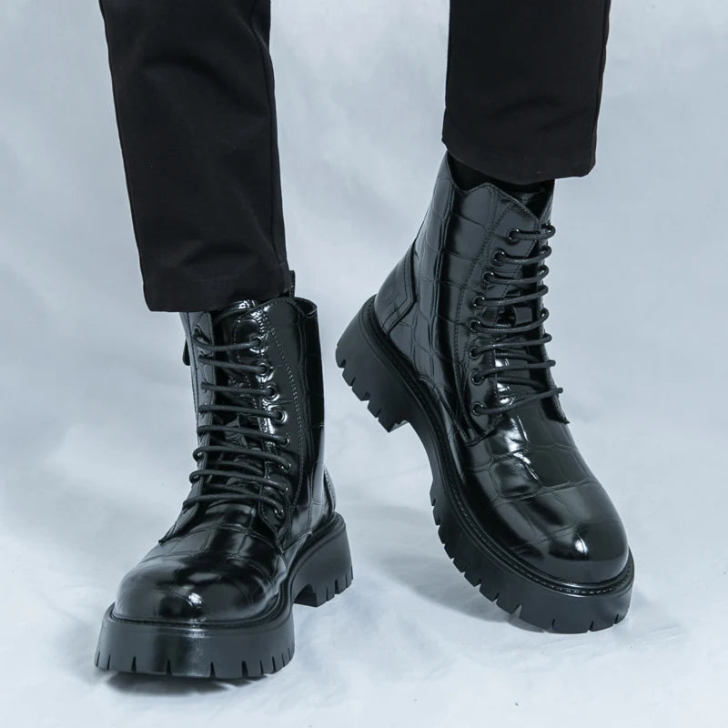 Luxury Brand Men's Autumn and Winter Crocodile Leather Side Zipper High Top Boots Fashionable New Men's Comfortable Short Boots