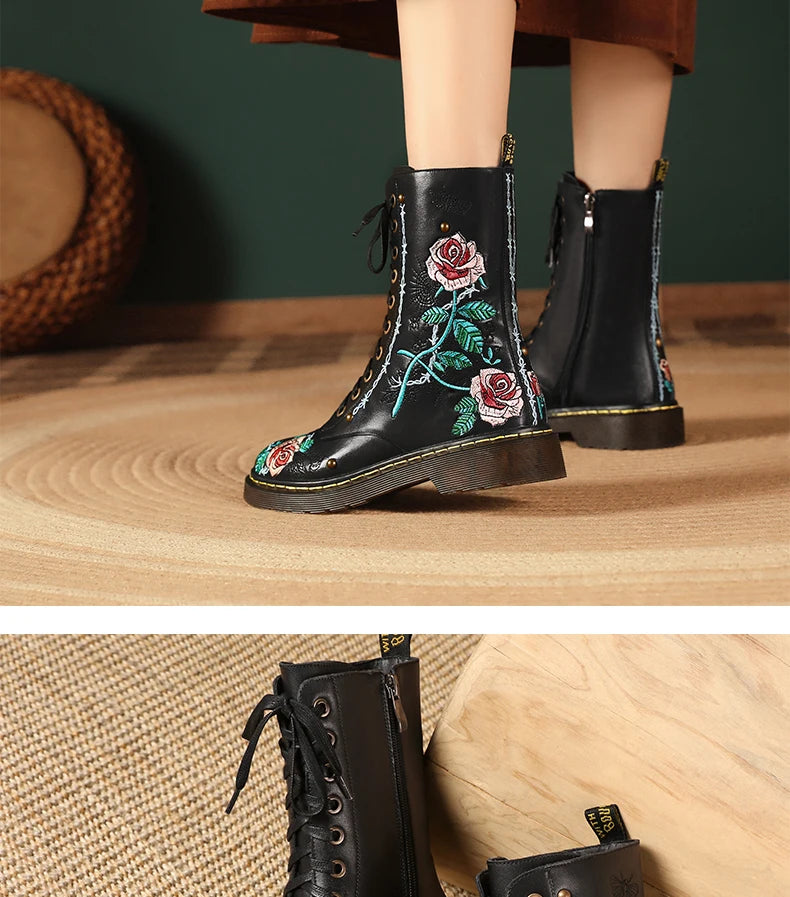 Ods Handmade Embroidery Rose Flower Retro Lace-up Mt Woman Genuine Leather Round Toe British Style Ankle Boots Big Size 40414243